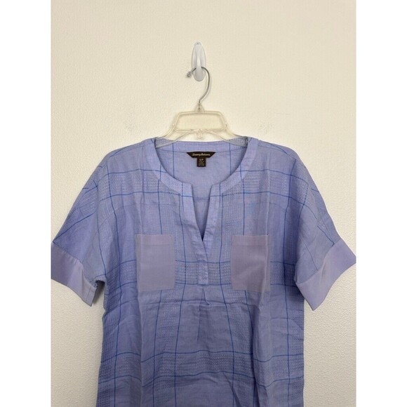 Tommy Bahama Women's Popover Linen Short Sleeve Blouse Blue Grid Size Small NEW - Picture 2 of 7